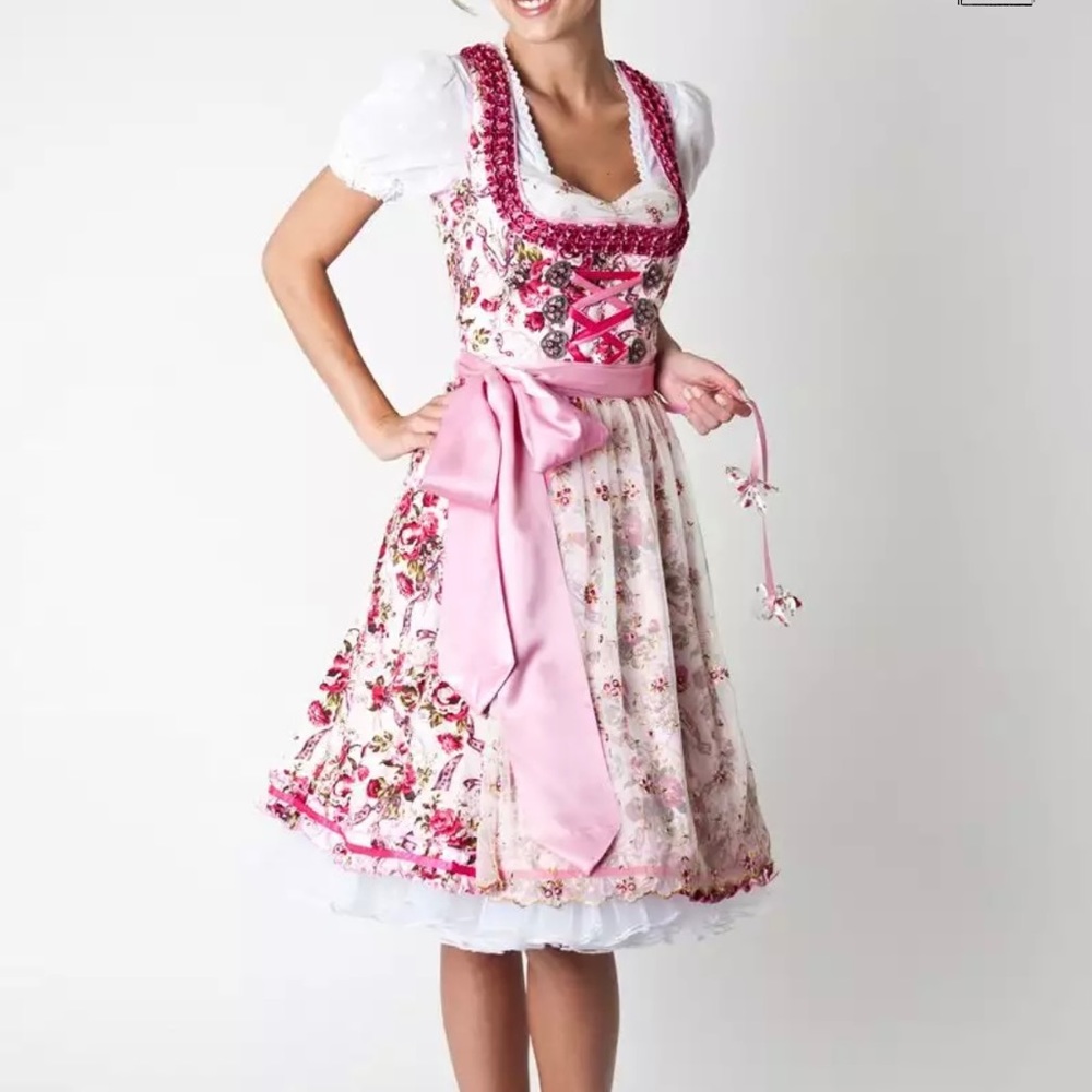 Floral Cream/Magenta Dirndl Dress & Apron (size 36)
